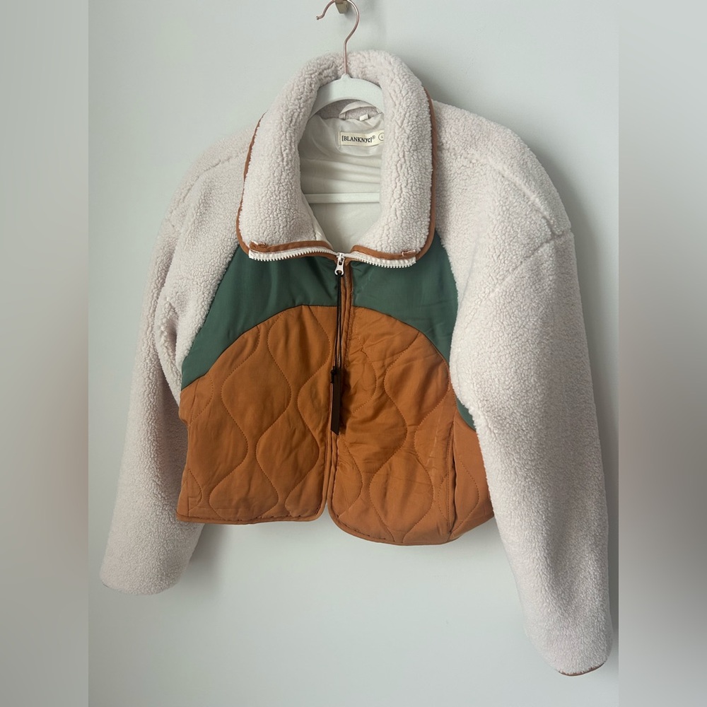 Blank NYC cream green and orange zip up fleece jacket